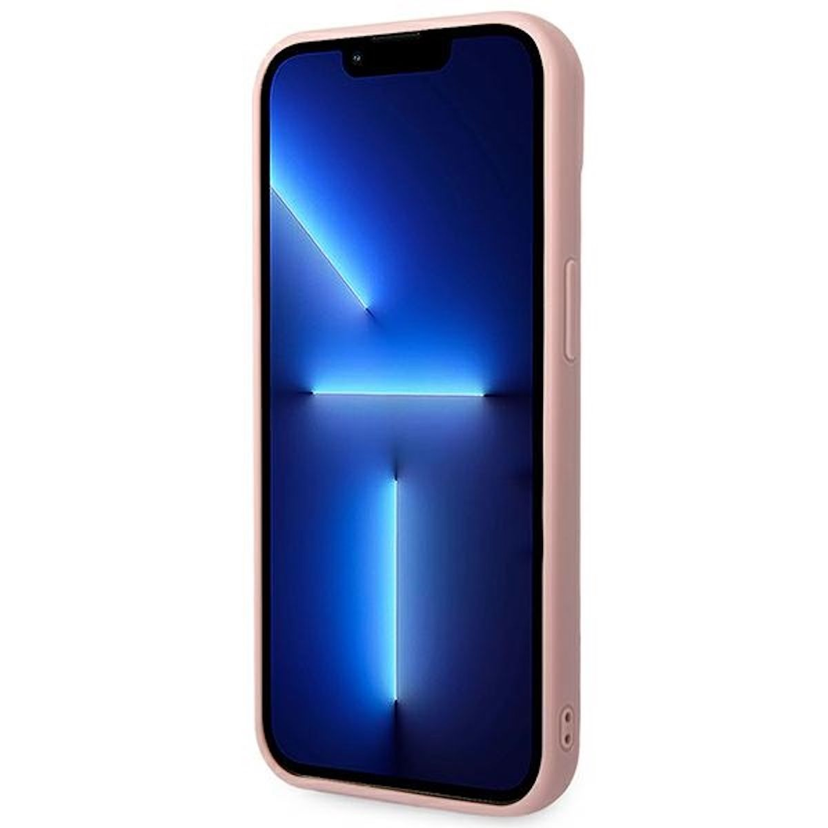 Telefono rosa con schermo blu. È in una custodia rosa.
