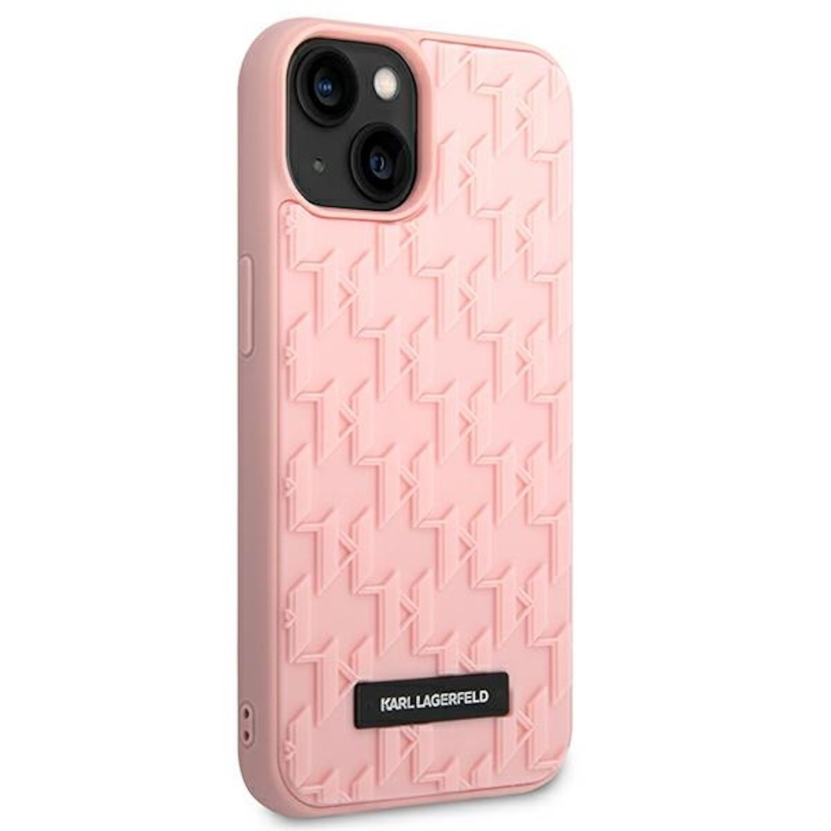 Custodia per telefono rosa con motivo ripetuto e logo Karl Lagerfeld.