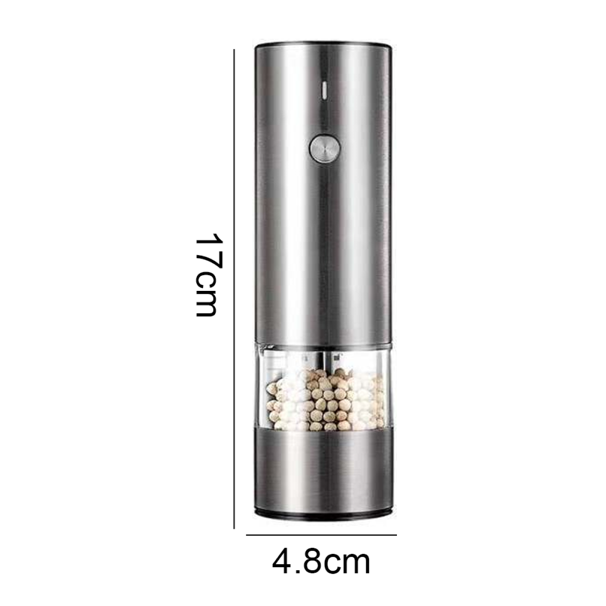 Elektrische Pfeffermühle, silber, mit Abmessungen und Pfefferkörnern im Glas.