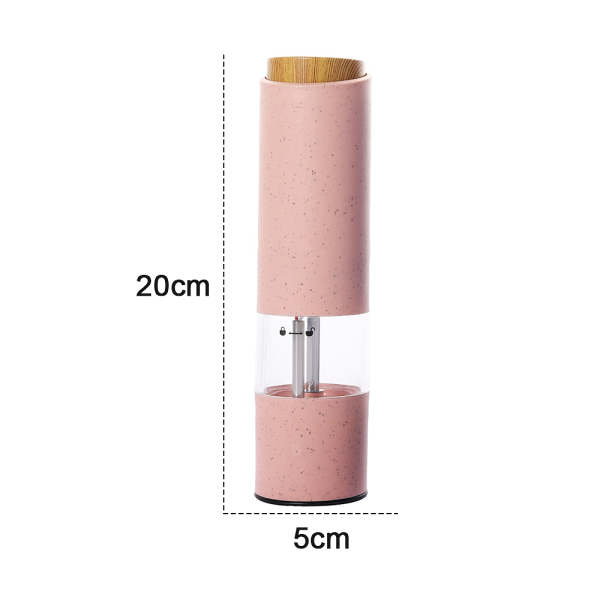 Rosa Pfeffermühle mit Holzaufsatz, 20 cm hoch und 5 cm breit.