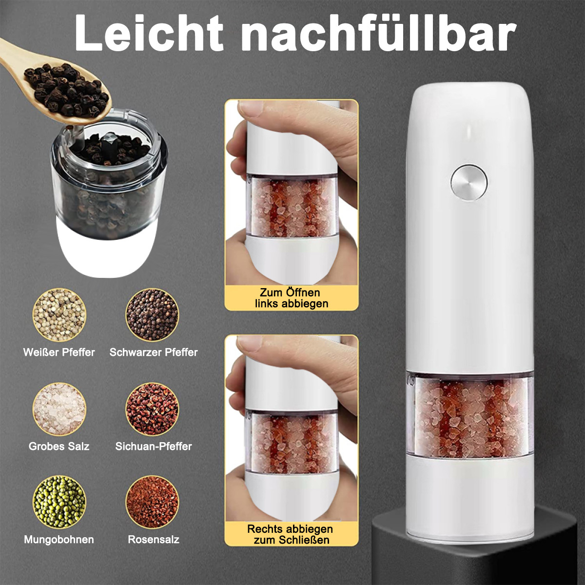 Eine weiße elektrische Pfeffermühle mit Anweisungen zum Öffnen und Schließen sowie verschiedenen Gewürzen.