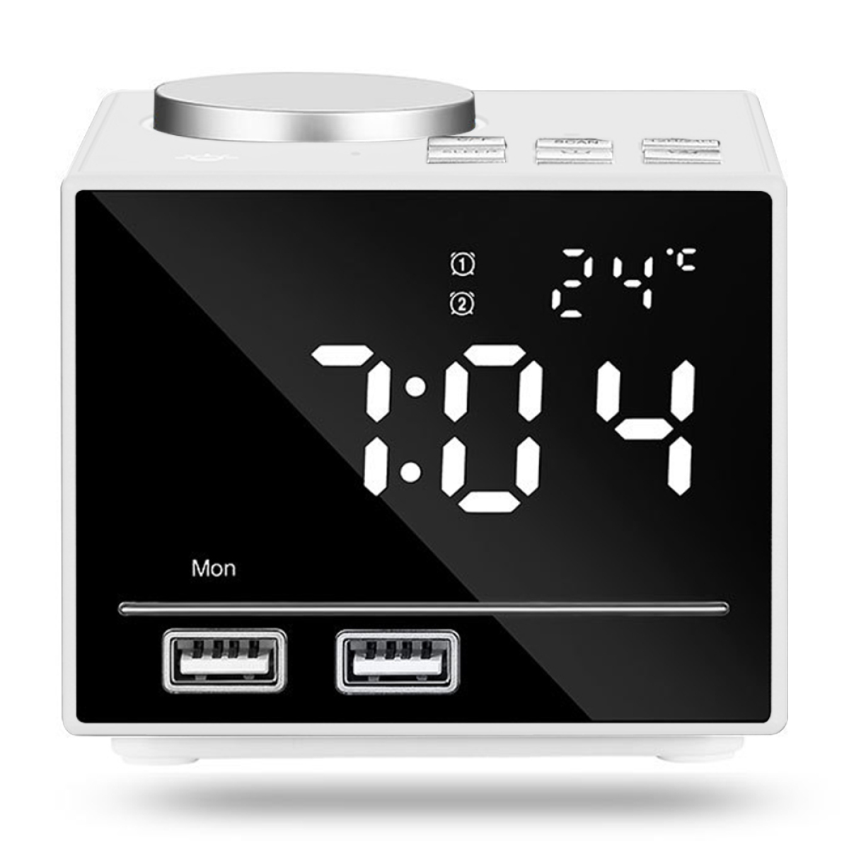 Ein weißer digitaler Wecker mit 7:04 und 24°C. Zeigt USB-Anschlüsse und den Wochentag, Mo.
