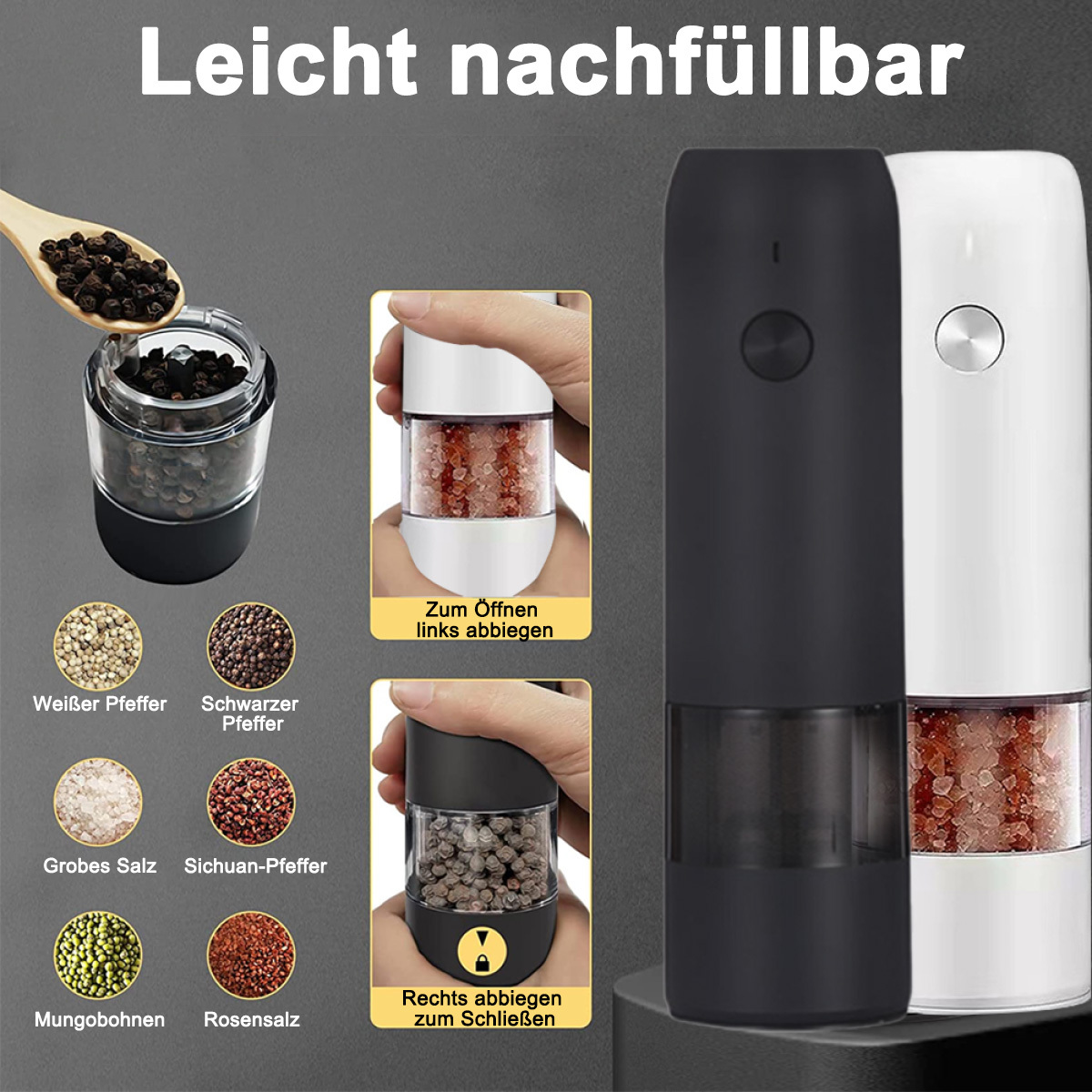 Pfeffermühlen mit verschiedenen Pfefferkörnern, Anweisungen und Holzlöffel auf weißem Untergrund.
