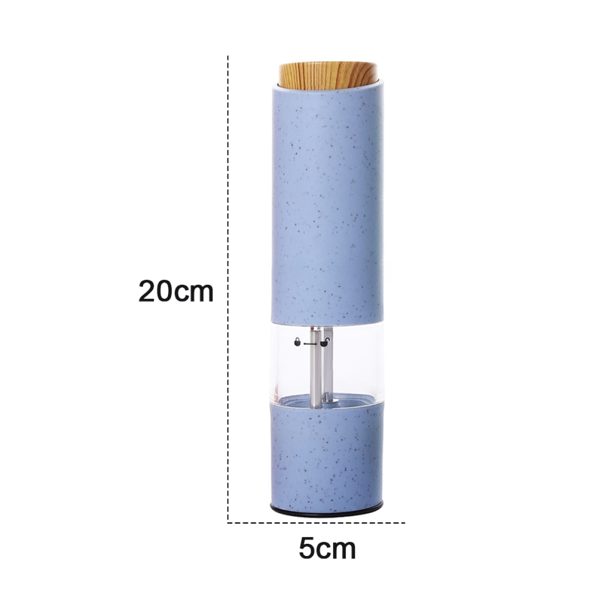 Eine blaue Pfeffermühle mit den Maßen 20 cm hoch und 5 cm breit.