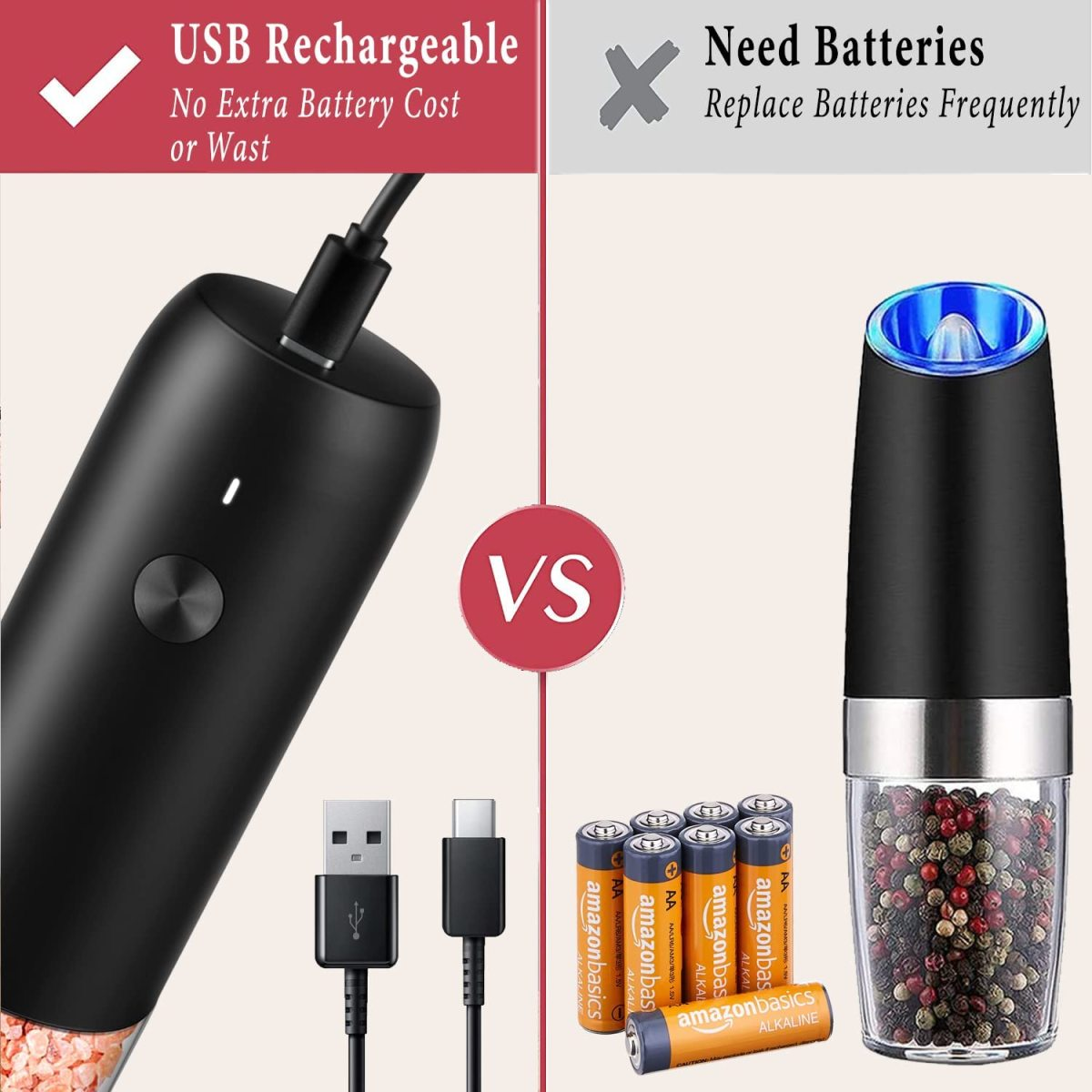 USB-Ladegerät versus batteriebetriebene Salz- und Pfeffermühlen. Schwarz-Weiß-Kontrast.