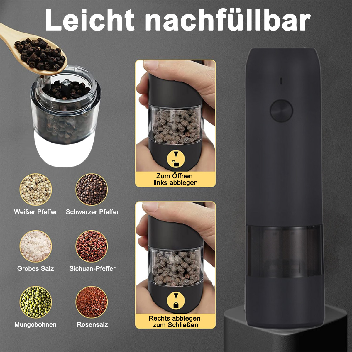 Eine schwarze Pfeffermühle mit sichtbaren Pfefferkörnern und Anweisungen.