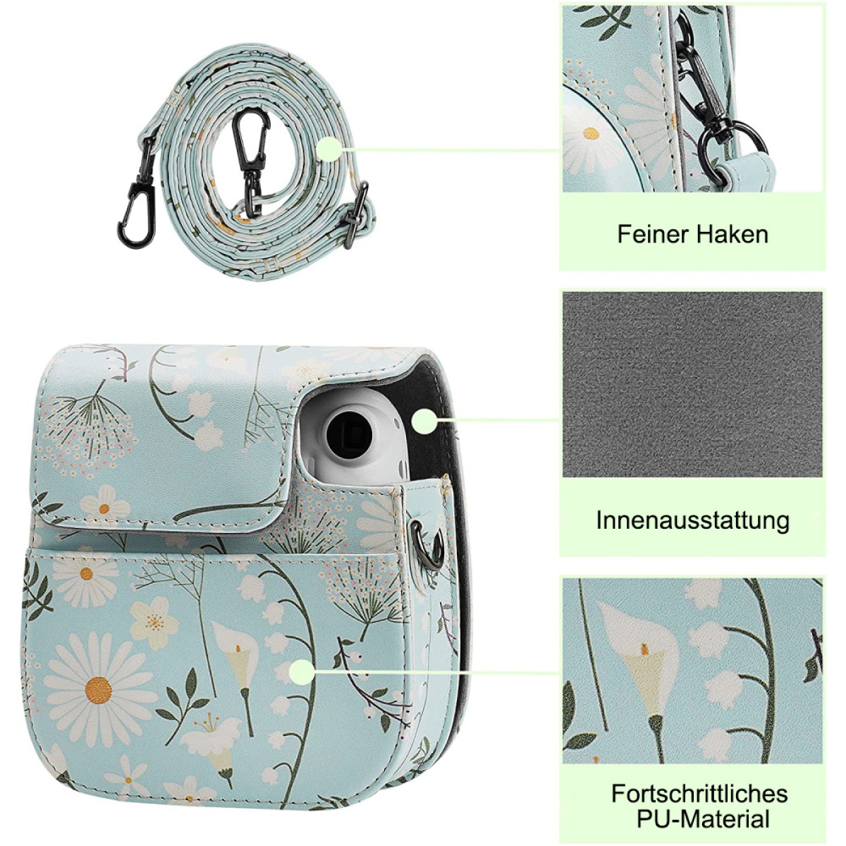 Hellblaue Kameratasche mit Kamera, Trageriemen und Nahaufnahmen von Details.