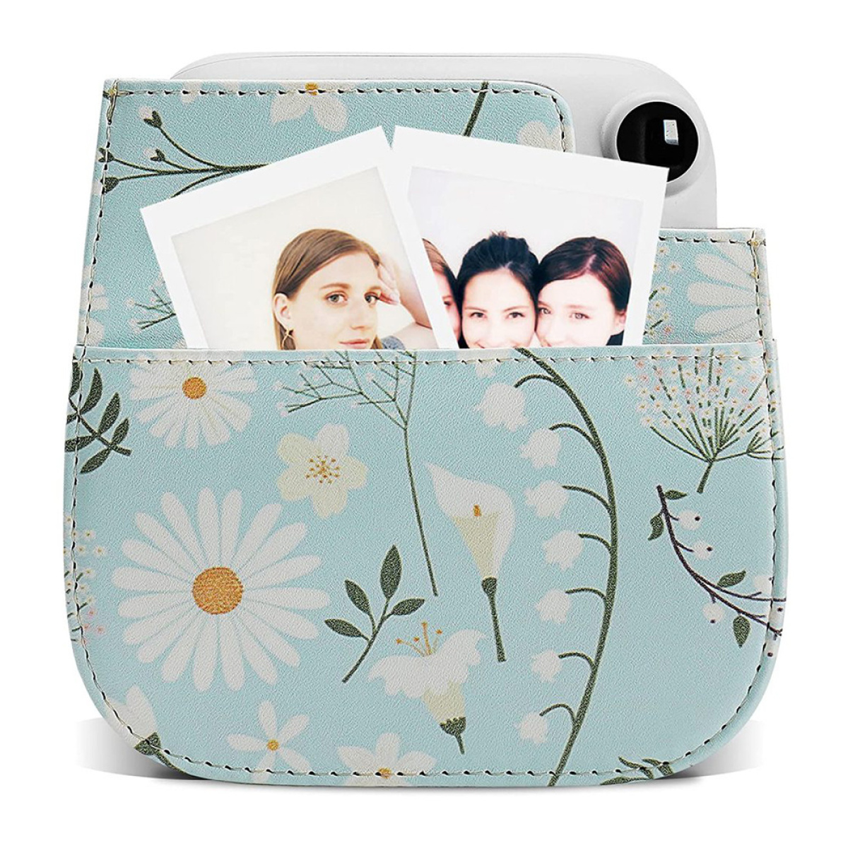 Eine hellblaue, floral gemusterte Tasche mit zwei Fotos darin.