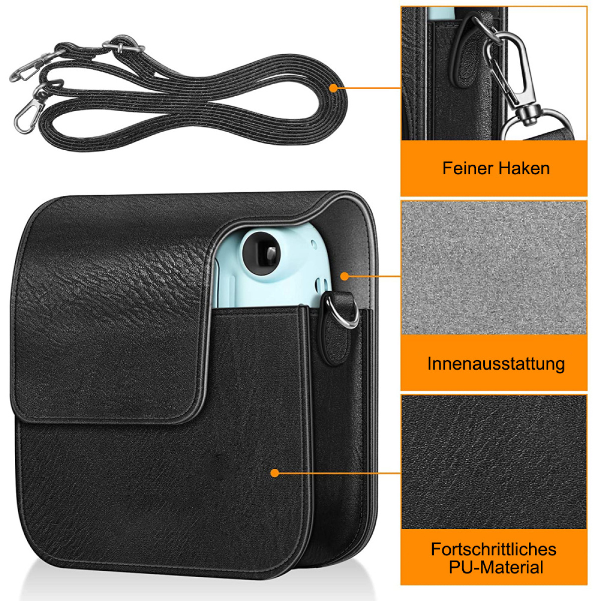 Eine schwarze Kameratasche, geöffnet, mit einer Kamera im Inneren und Detaildiagrammen mit Text.