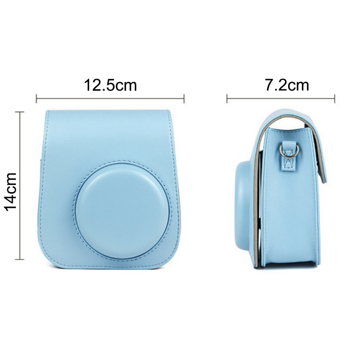 Hellblaue Kameratasche mit Maßen: 14 cm Höhe, 12,5 cm Breite, 7,2 cm Tiefe.