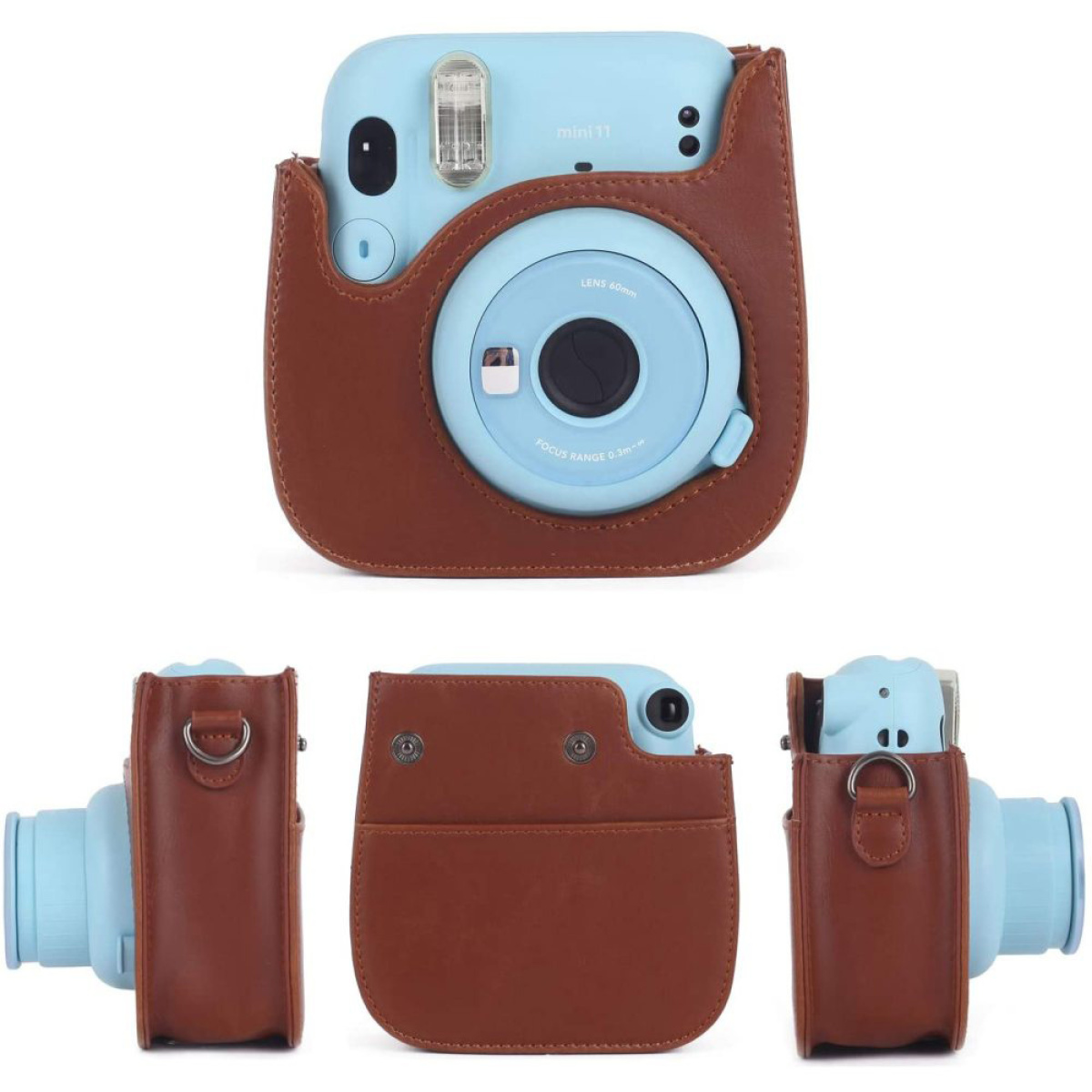 Eine hellblaue Instax Mini 11 Kamera in einer braunen Ledertasche, verschiedene Ansichten.