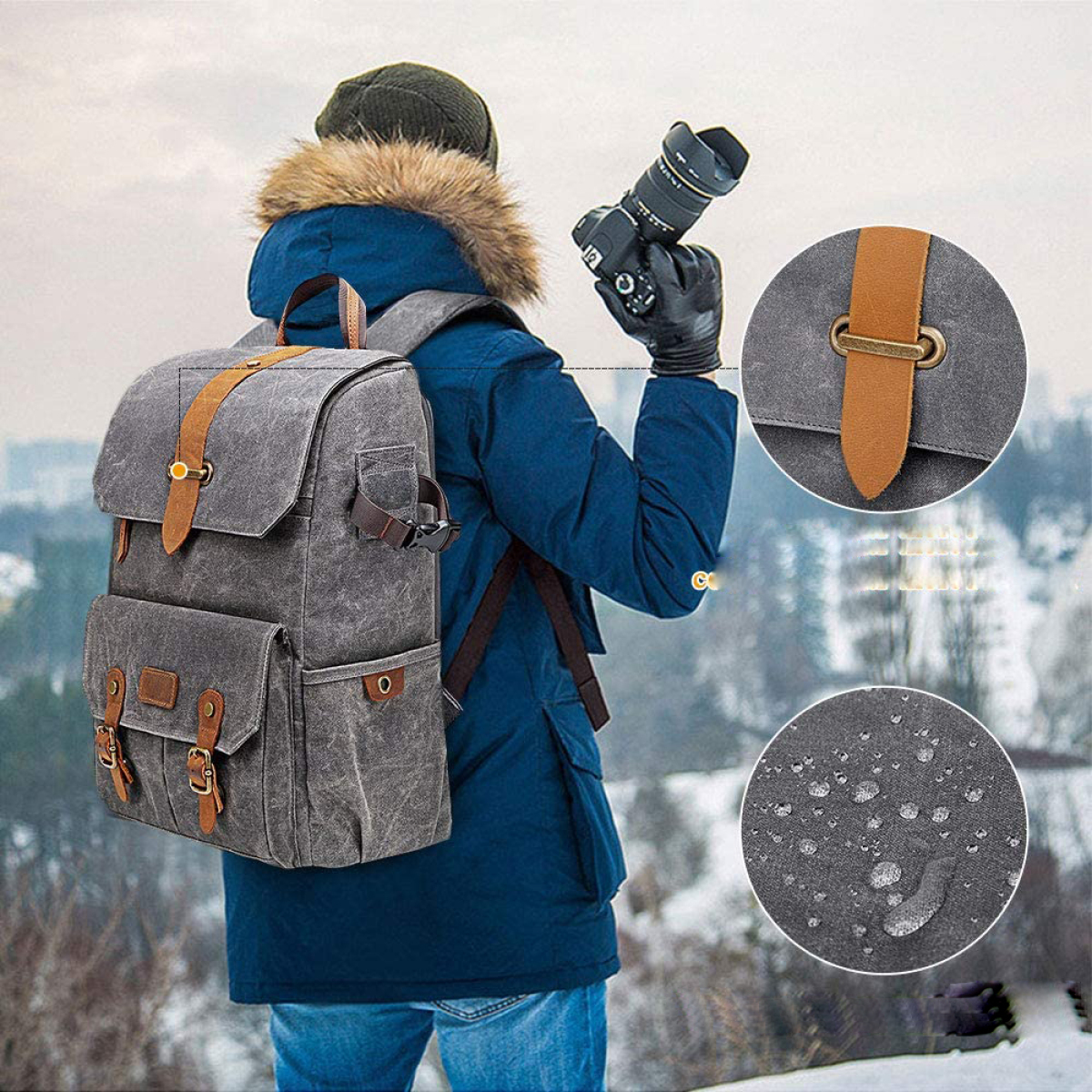 Ein grauer Rucksack mit braunen Riemen und ein Mann mit einer blauen Jacke. Nahaufnahme zeigt Wasserperlen.