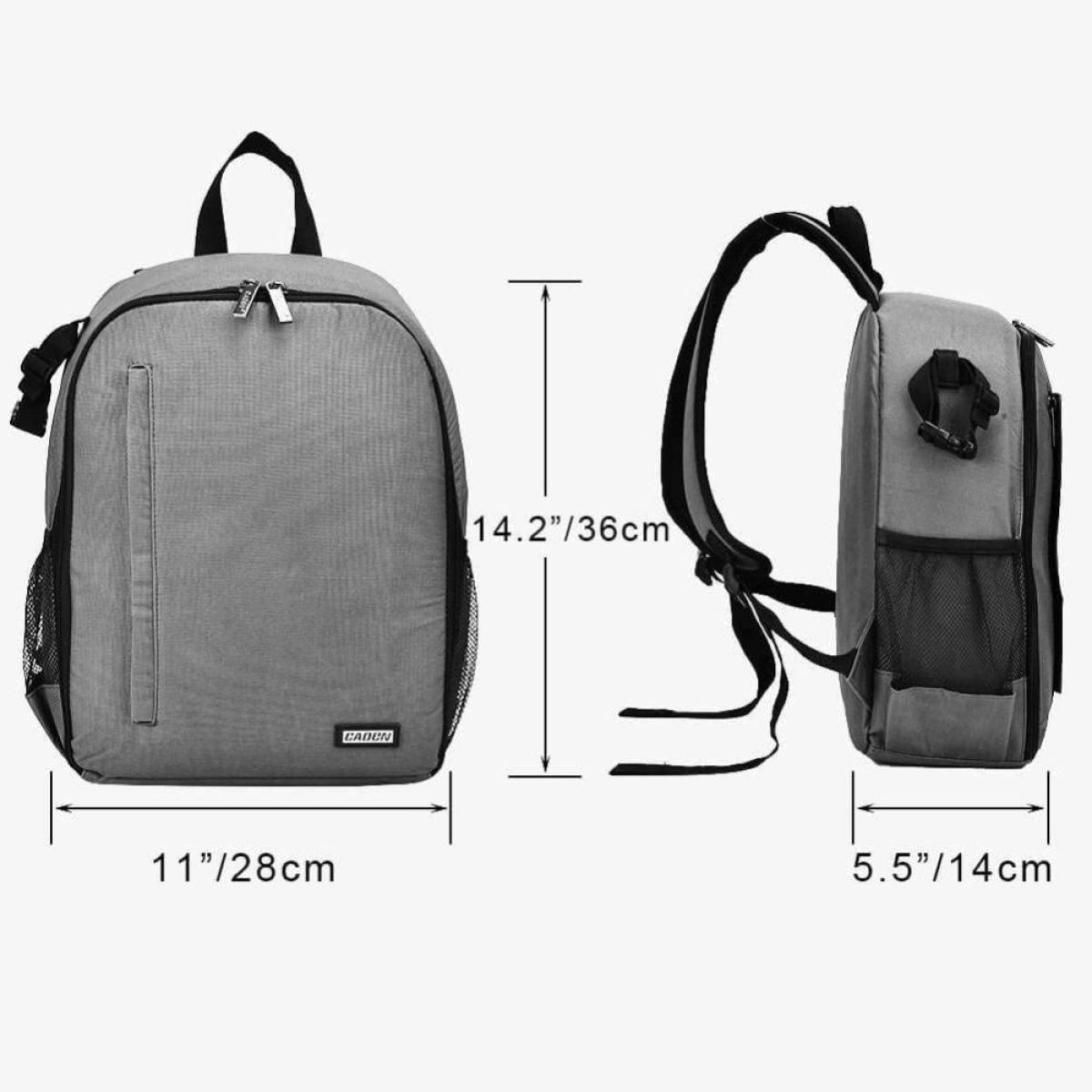 Grauer Rucksack mit angegebenen Abmessungen, Seiten- und Vorderansicht.