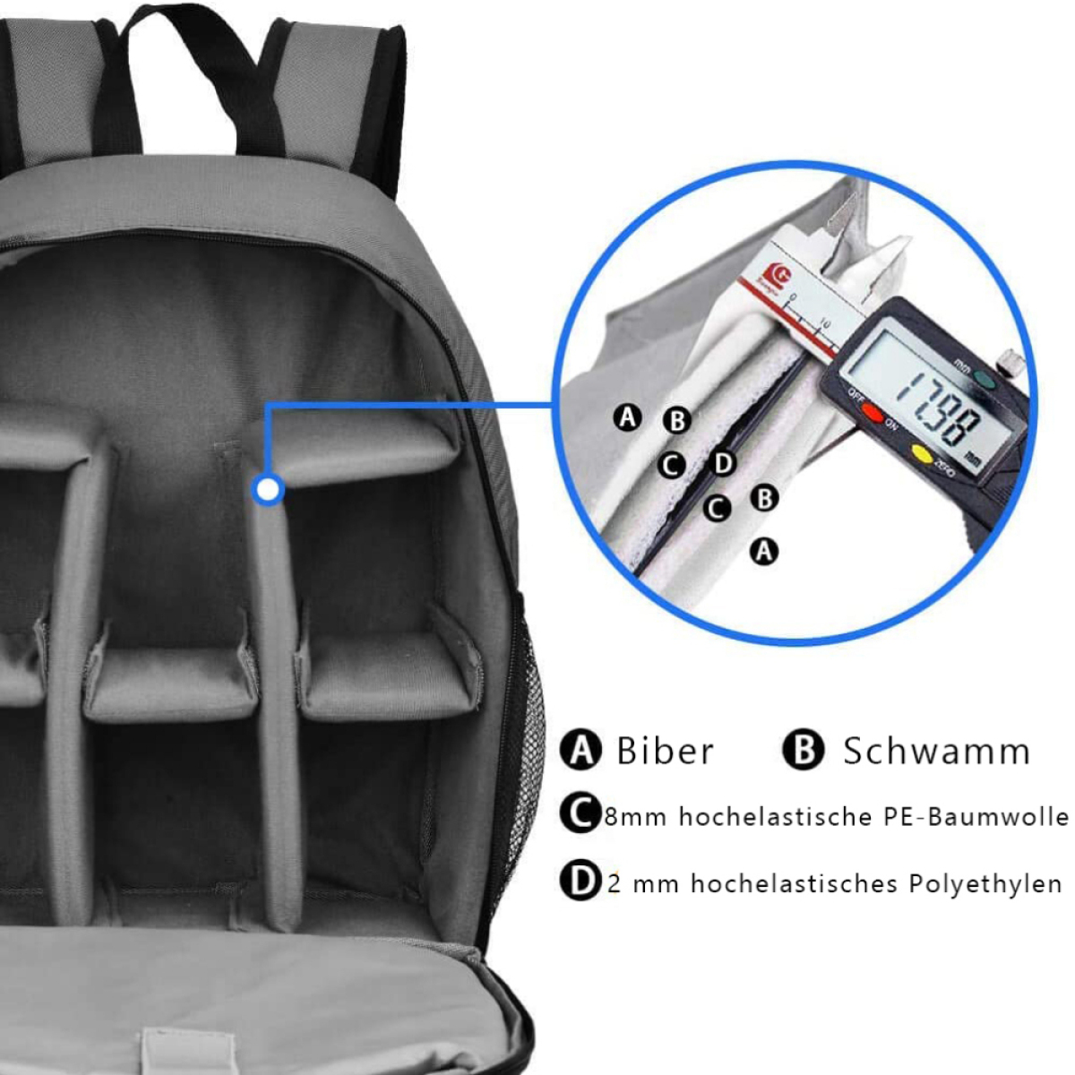Ein grauer Rucksack mit Fächern und eine Nahaufnahme der Polsterung, gemessen.