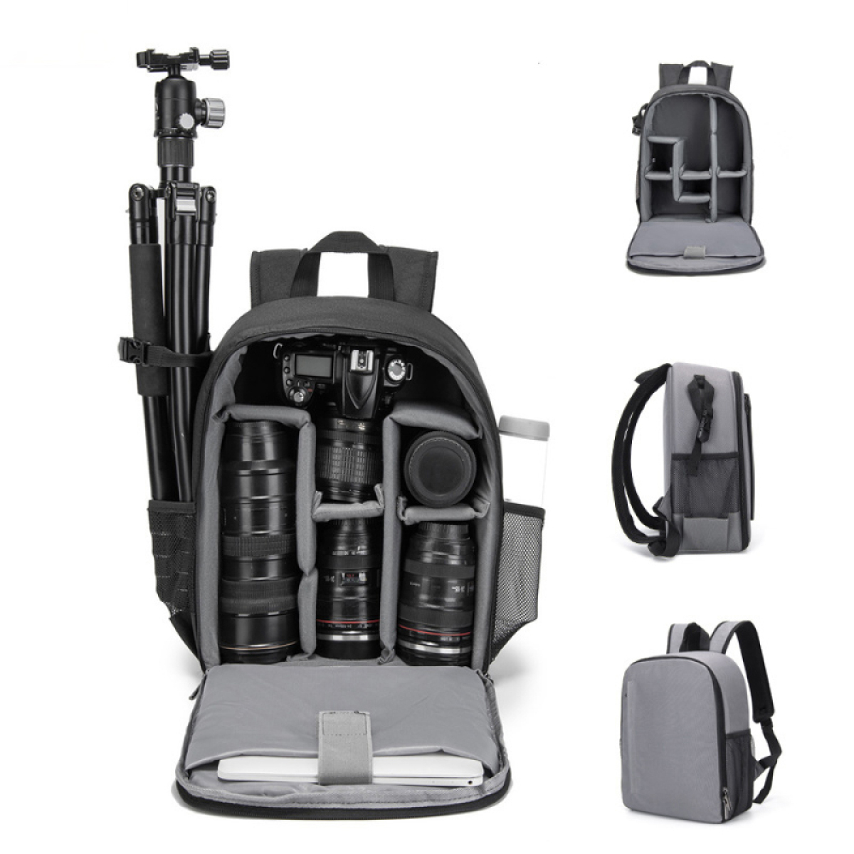 Schwarzer Kamera-Rucksack offen, mit Kamera und Objektiven darin und einem Stativ an der Seite.