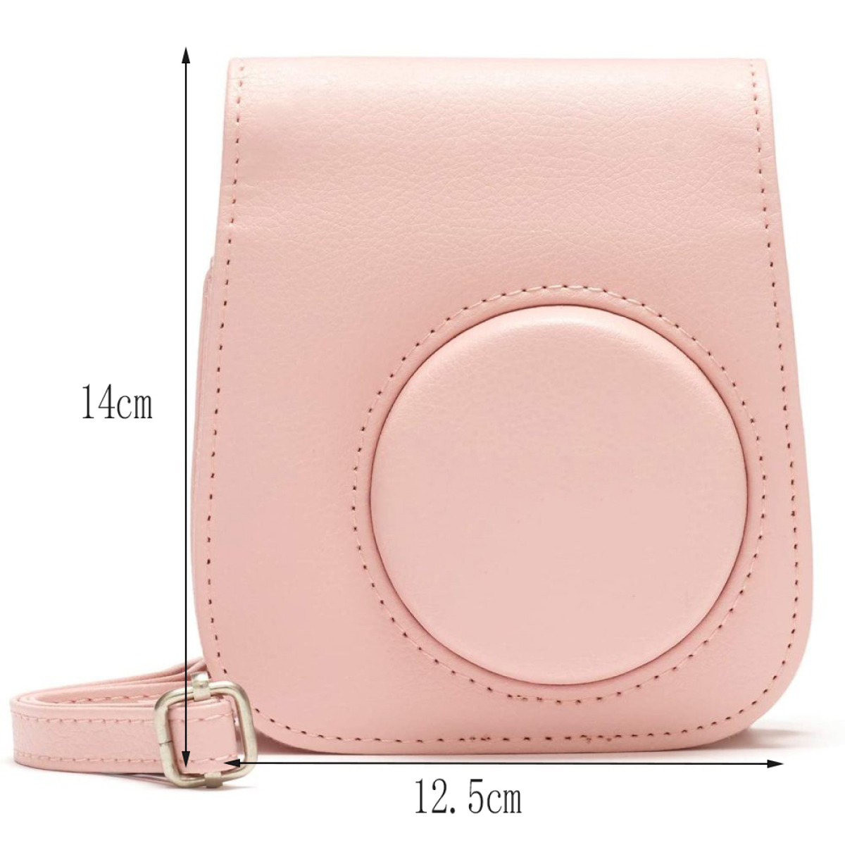 Eine rosa Kameratasche mit Riemen, mit den Abmessungen 14 cm x 12,5 cm, und einem angebrachten Riemen.