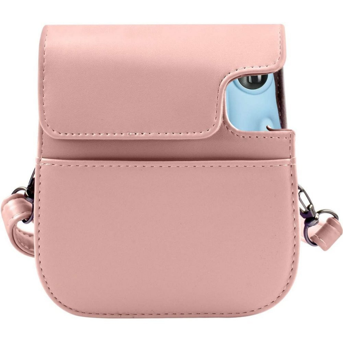Rosa Kameratasche mit Riemen. Die Tasche hat eine Klappe und ist auf weißem Hintergrund.