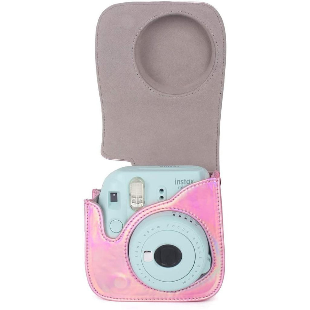Minzgrüne Instax Mini Kamera in pink-grauer Ledertasche.