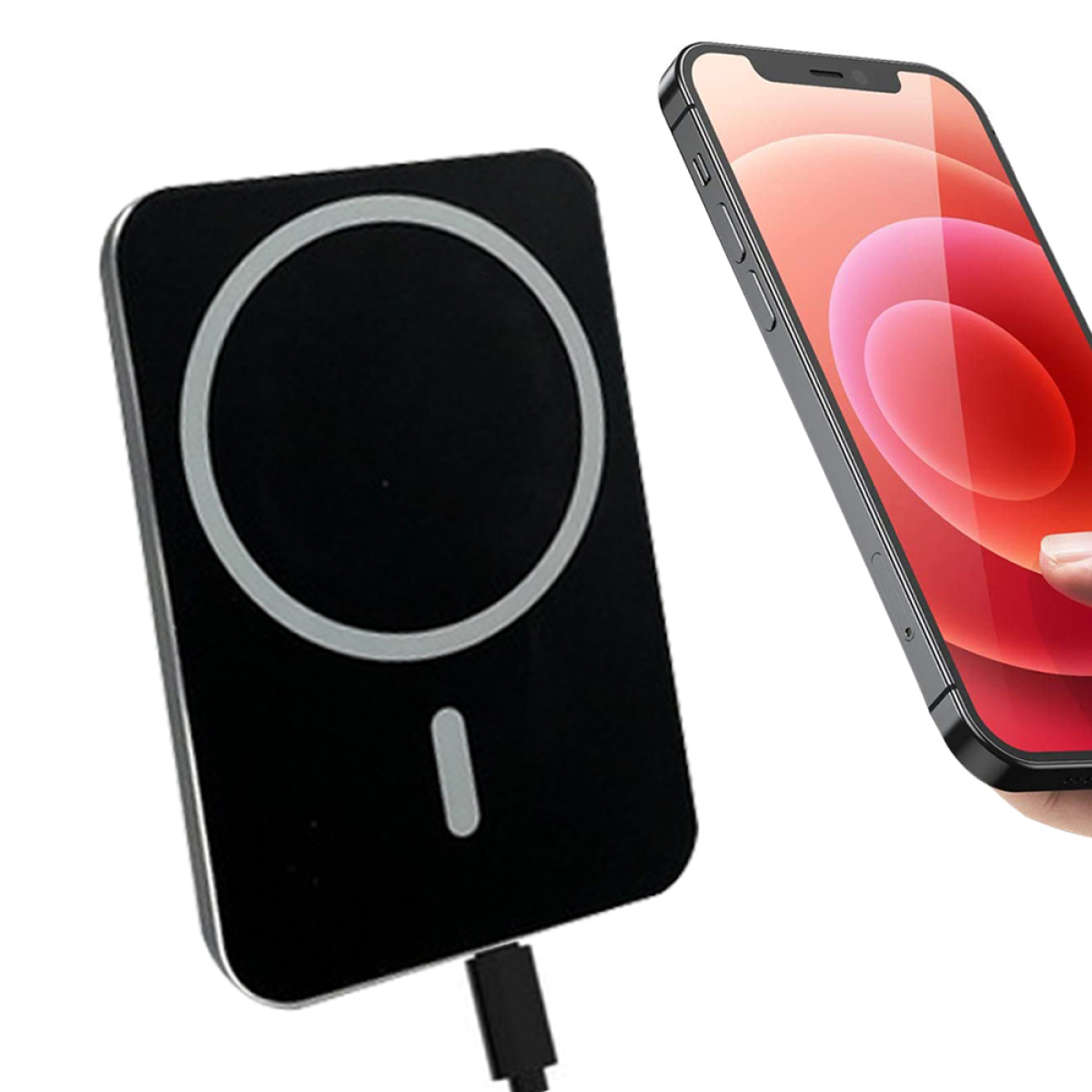 Schwarzes quadratisches Ladepad mit weißem Kreis und Smartphone daneben.