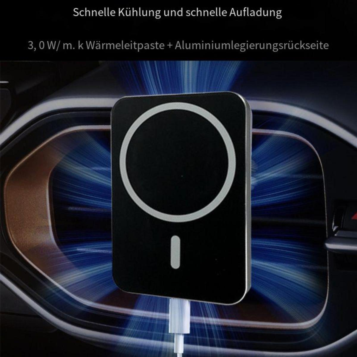 Schwarzes kabelloses Ladegerät. Zeigt das Produkt und ein Kabel. Weißer Hintergrund.