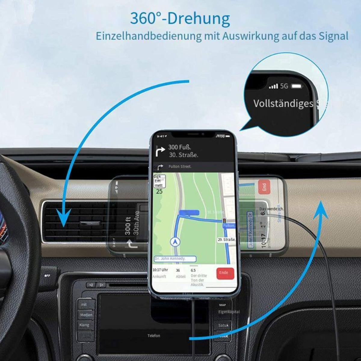 Telefon auf Armaturenbrett montiert, Navigation und 5G-Signal.