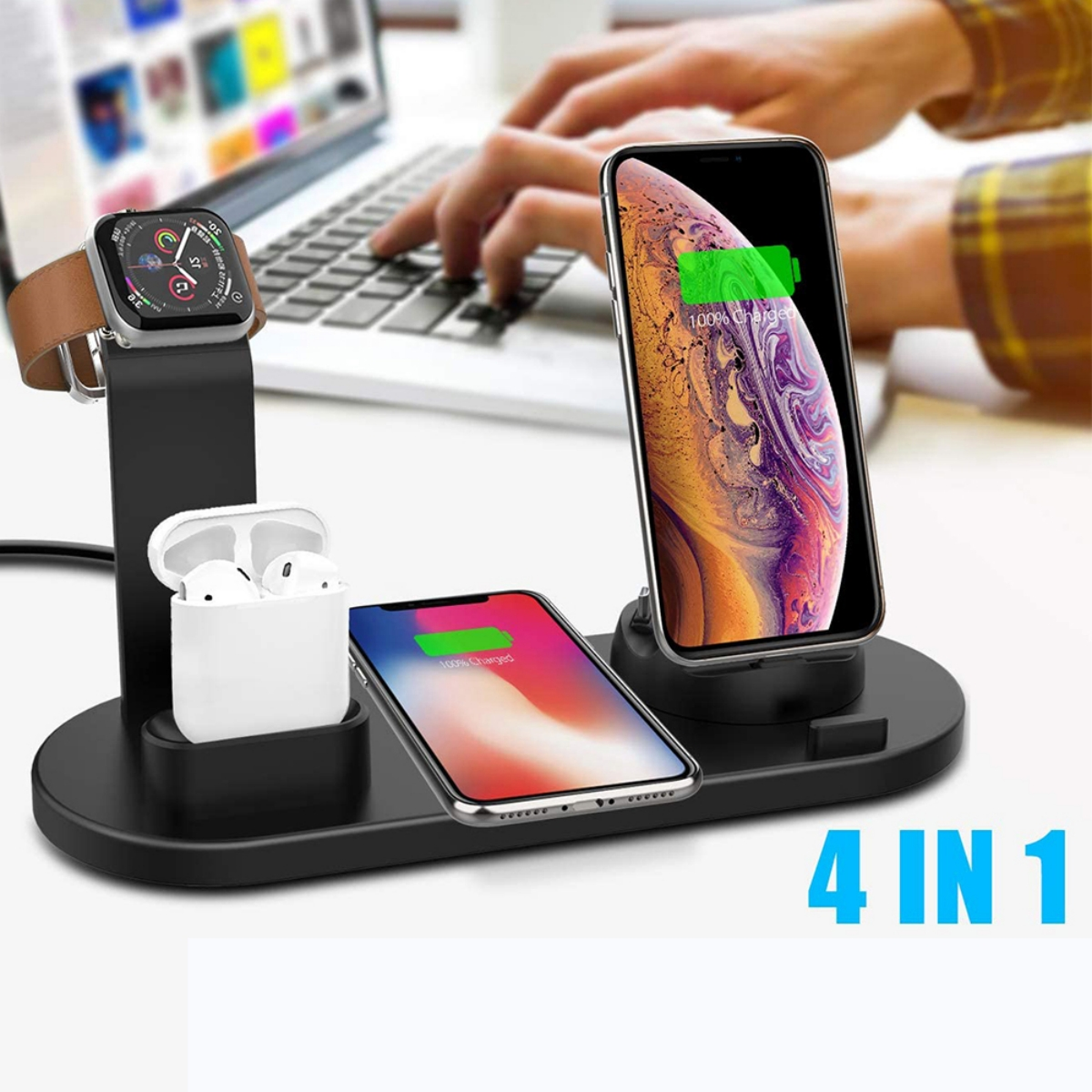 Eine 4-in-1-Ladestation mit Uhr, Ohrhörern und zwei Handys, die alle geladen werden.