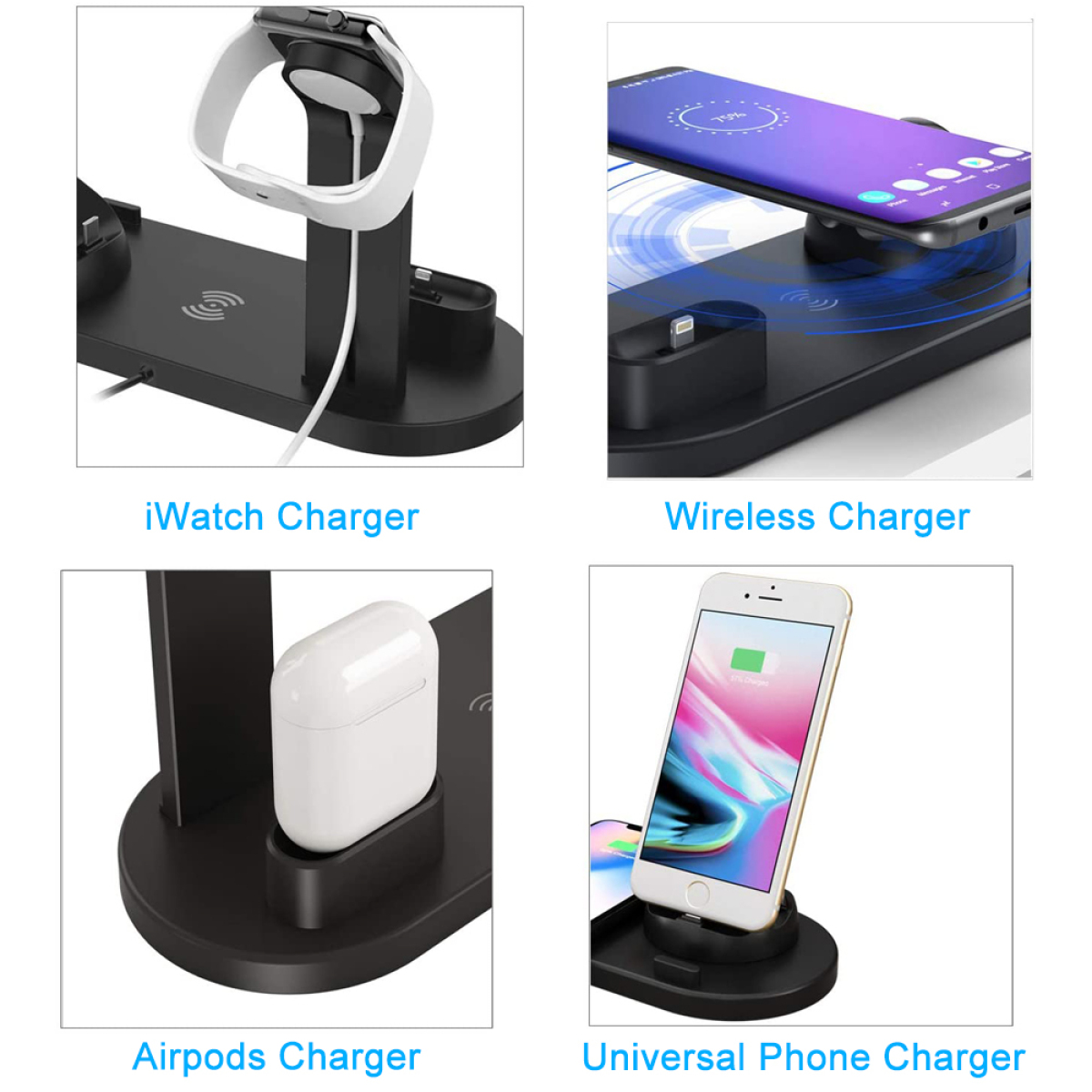 Vier Bilder, die eine Ladestation für mehrere Geräte für eine Smartwatch, ein Telefon und Ohrhörer zeigen.