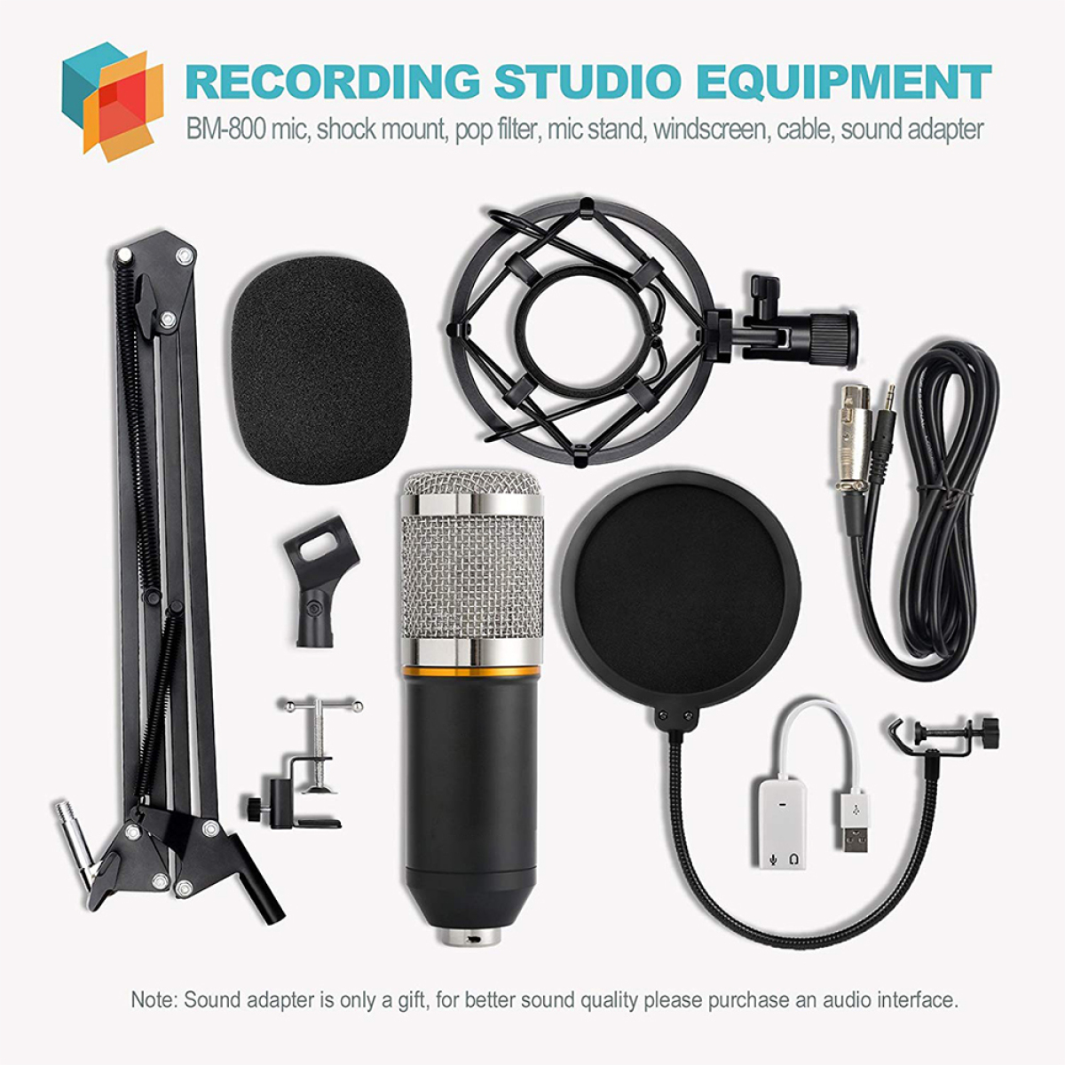 Tonstudioausrüstung: Mikrofon, Stoßdämpfer, Pop-Filter, Mikrofonständer, Windschutz, Kabel und Adapter.