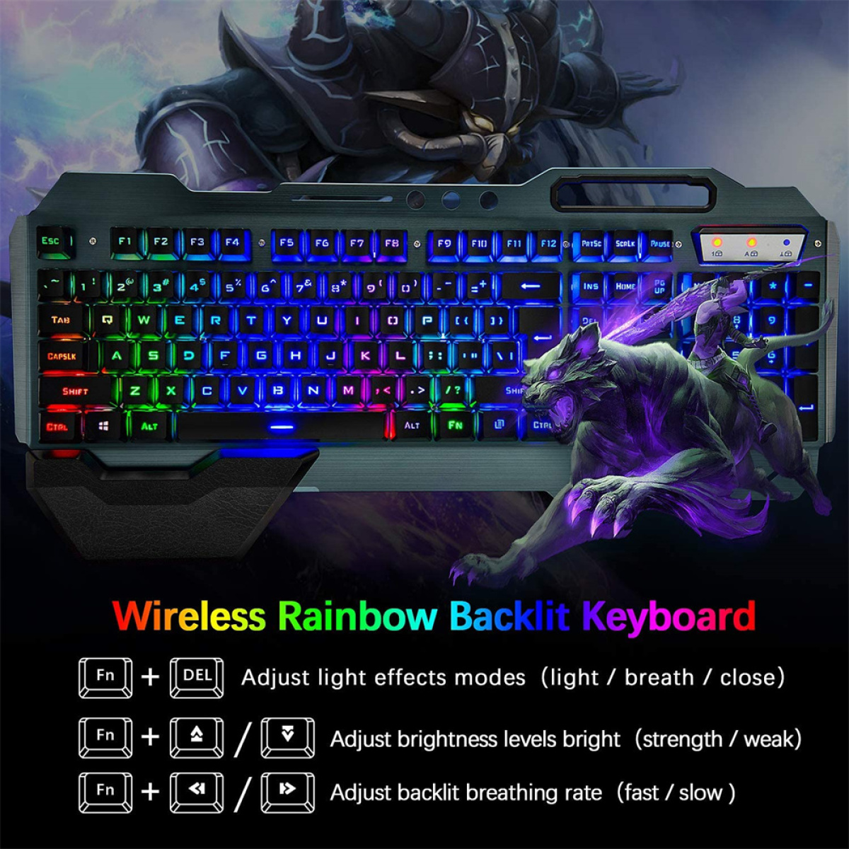 Eine hintergrundbeleuchtete Tastatur mit Wolfsgrafik, farbigen Tasten und Funktionstasten. Text beschreibt.