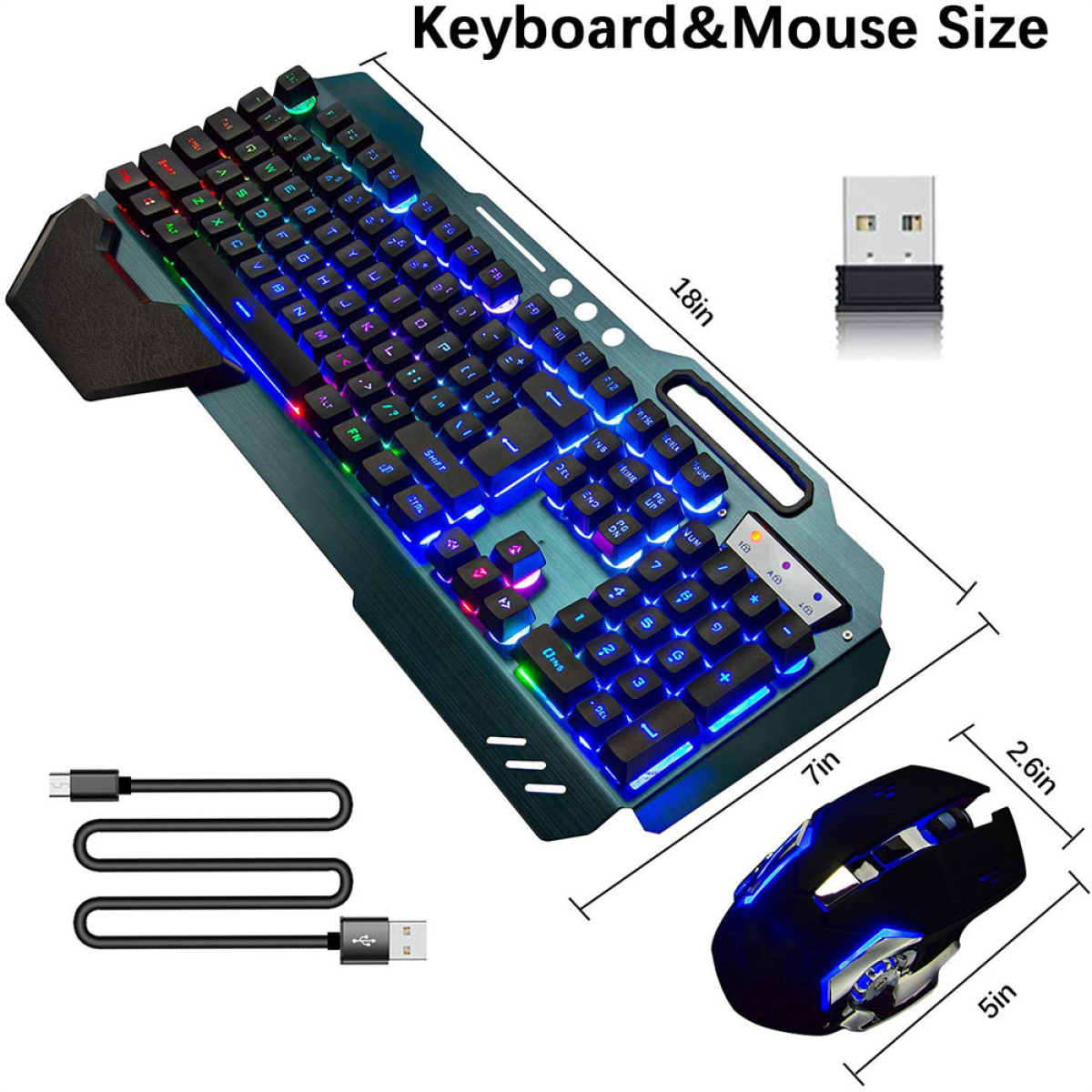 Gaming-Tastatur und -Maus mit Beleuchtung, misst 18 Zoll, 7 Zoll und 5 Zoll. USB-Kabel und USB-Empfänger sind enthalten.