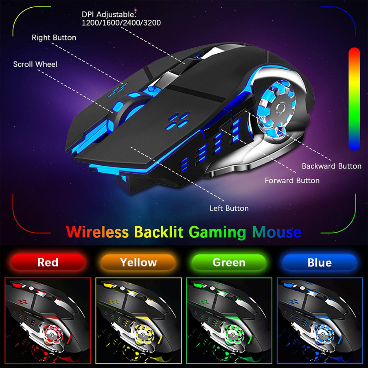 Eine schwarze Gaming-Maus mit beschrifteten Tasten und Farbverlauf.