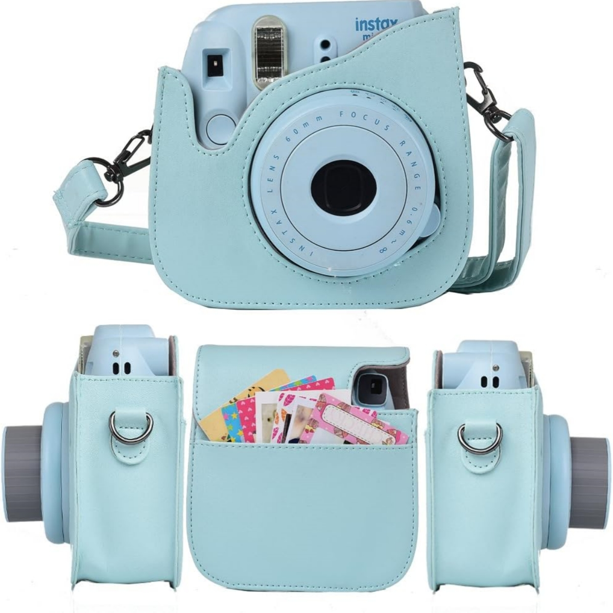 Eine hellblaue Instax-Kamera in einer passenden Hülle, mit Riemen und mehreren Ansichten.