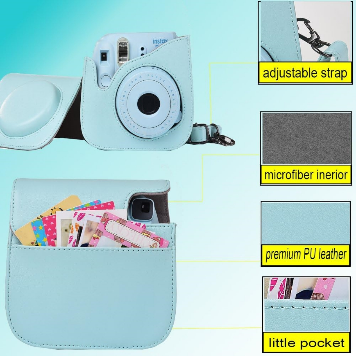 Eine hellblaue Instax Mini Kameratasche mit Taschen und verstellbarem Gurt.