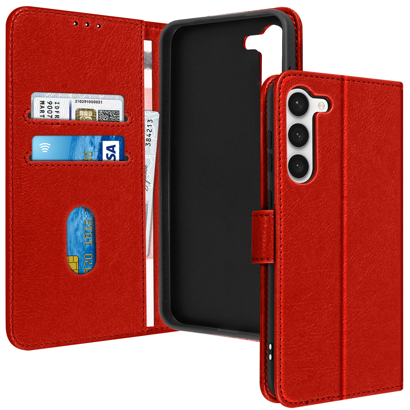 Una custodia per telefono rossa con un design a portafoglio, contenente carte e denaro, con un telefono nero all'interno.