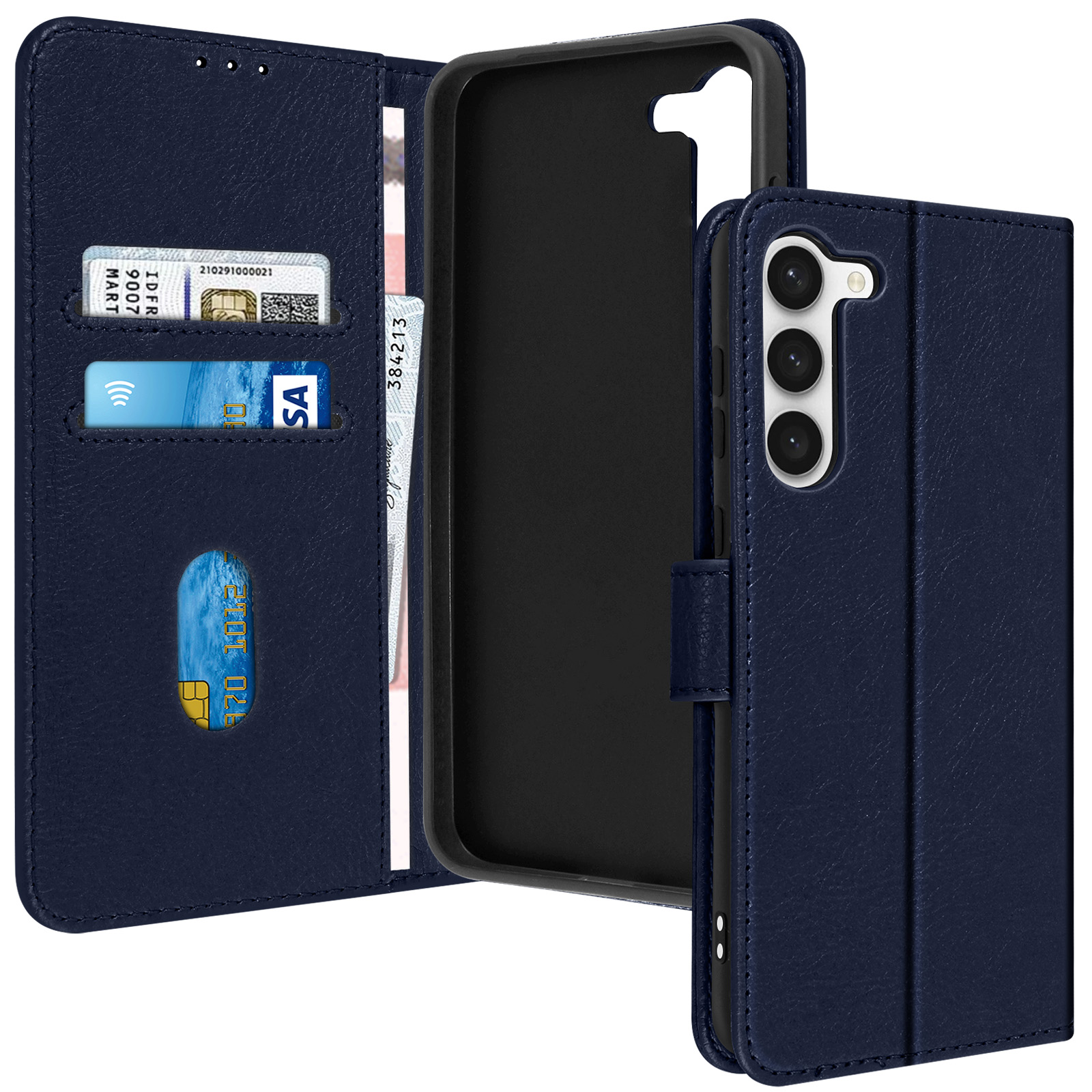 Custodia a portafoglio blu navy aperta, mostra carte e supporto telefono.