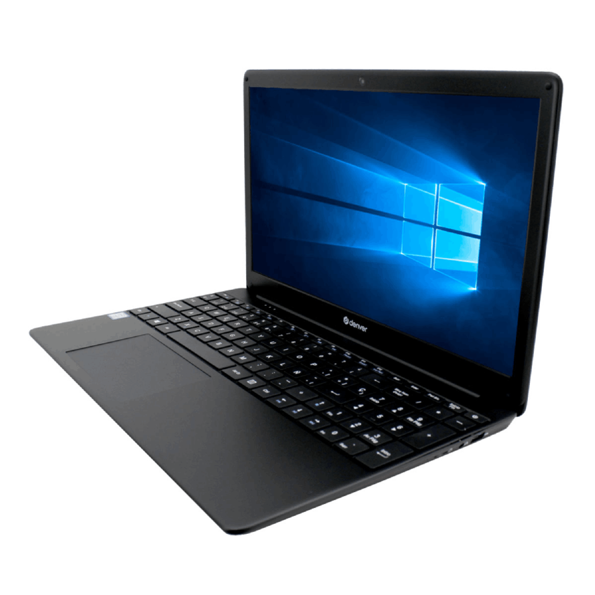 Una computadora portátil negra con una pantalla iluminada que muestra el logotipo de Windows. El fondo es blanco.