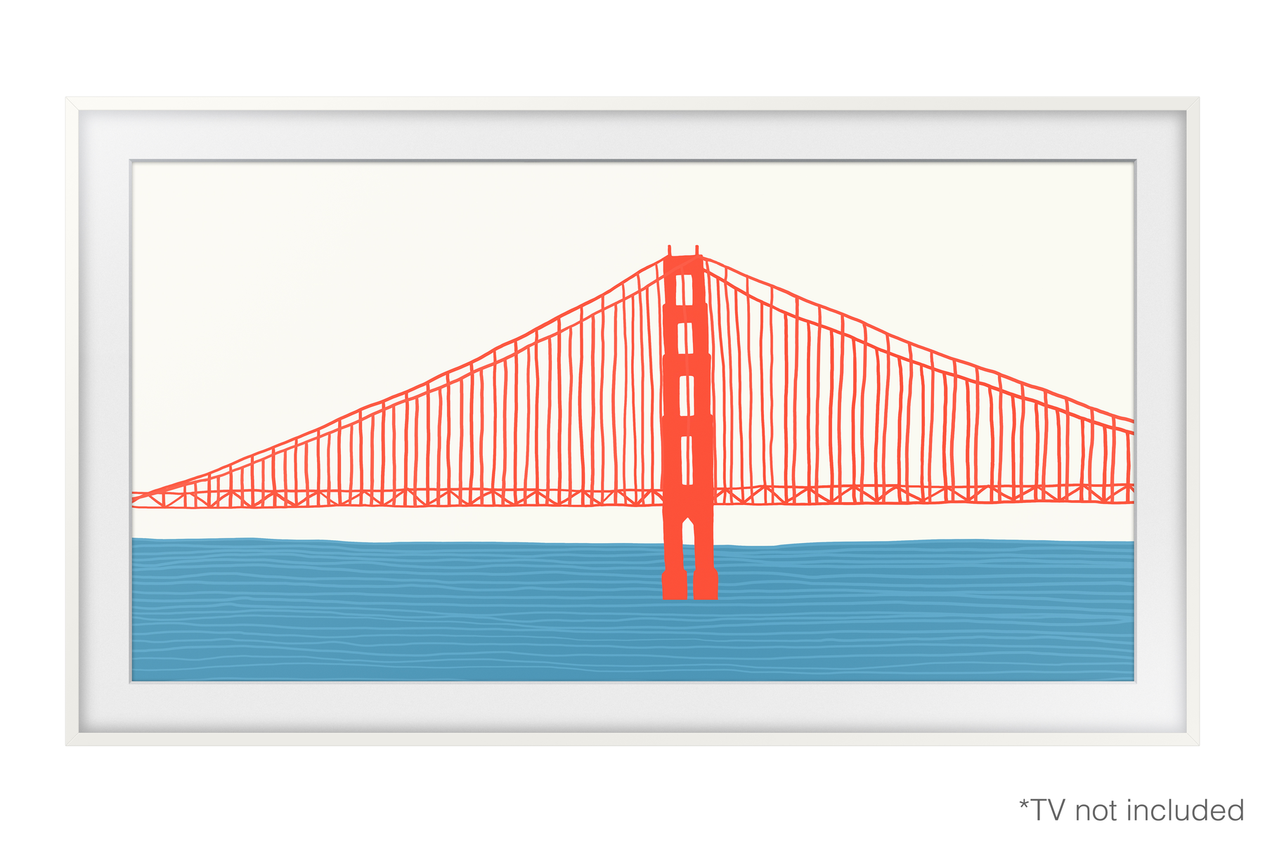 Illustration der Golden Gate Bridge. Es ist ein einfaches Design mit weißem Rahmen und blauem Sockel.