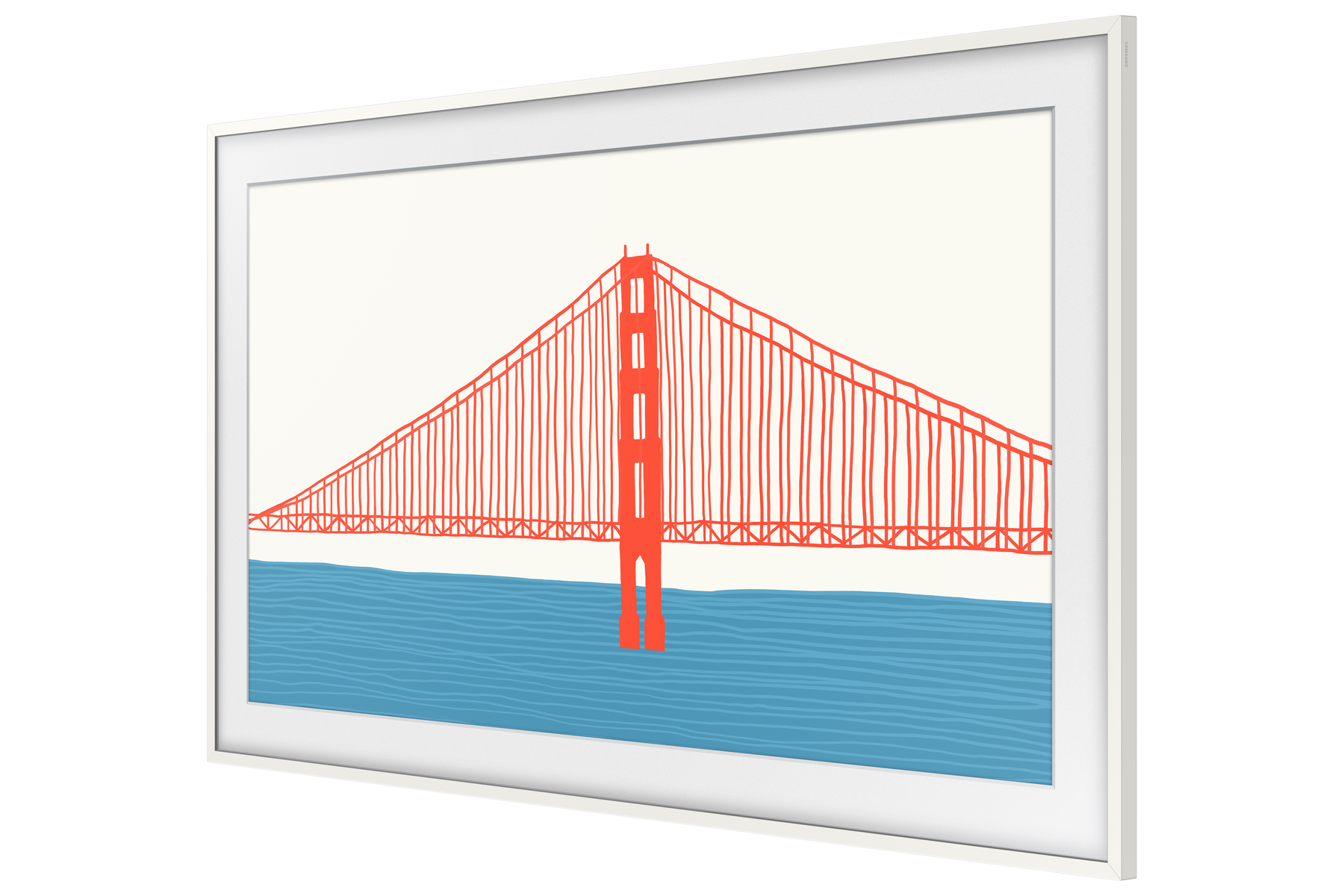 Weiß gerahmte digitale Kunst der Golden Gate Bridge in Rot, über blauem Wasser. Weißer Hintergrund.