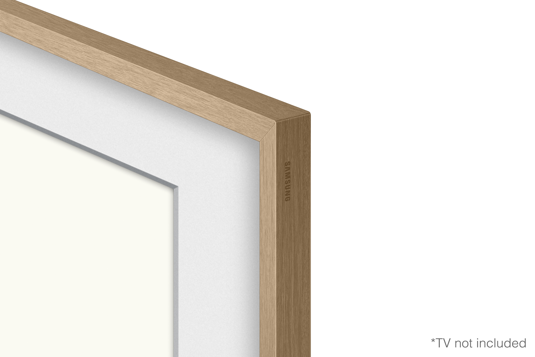 Nahaufnahme eines Holzrahmens um ein weißes Bild, das Wort Samsung ist sichtbar.