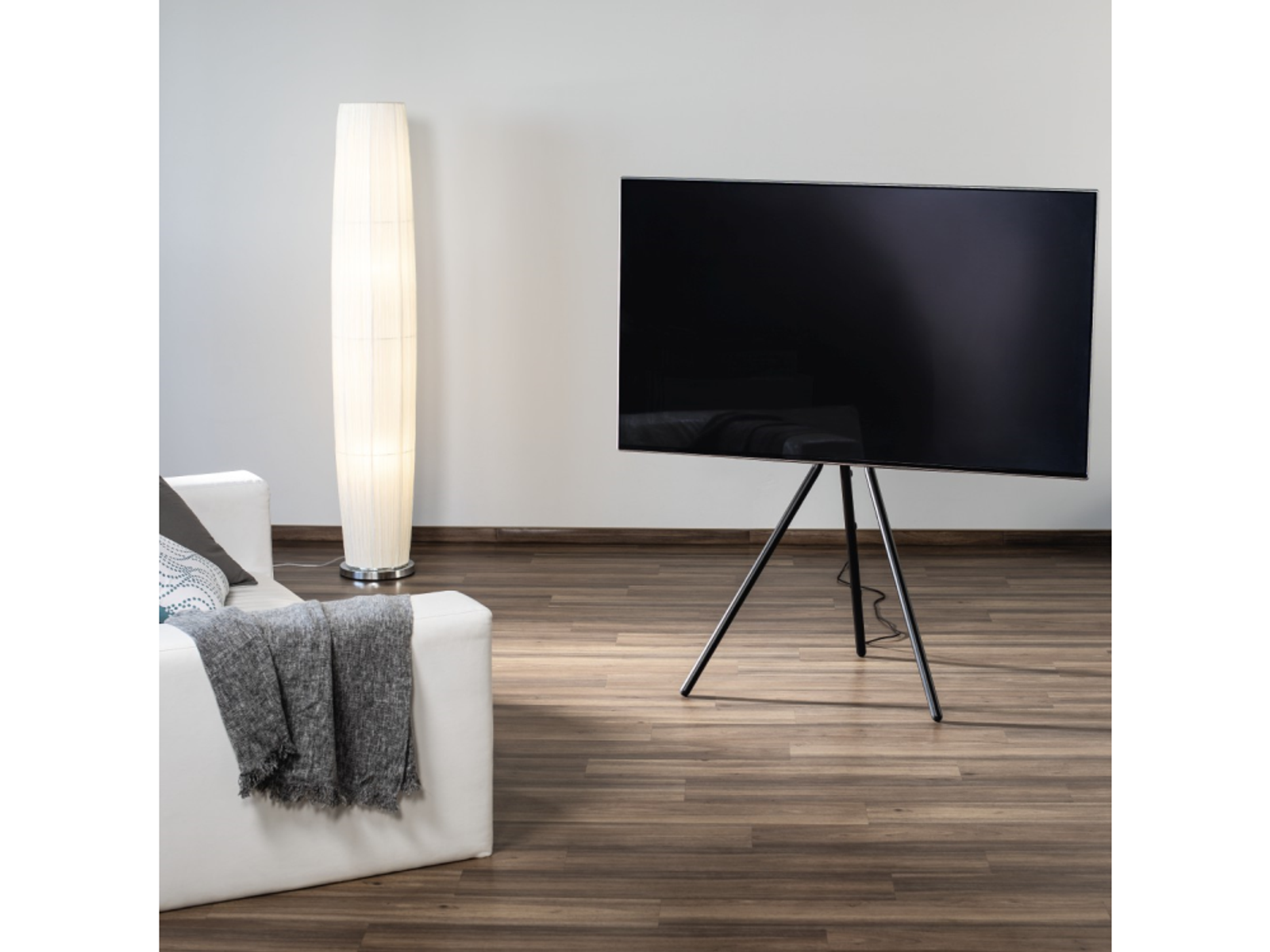 Ekran telewizora na stojaku w pokoju z białą sofą i lampą podłogową.