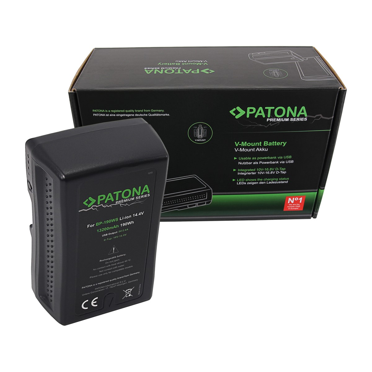 Schwarze Patona Batterie und Box. Batterie mit Spezifikationen beschriftet. Box zeigt Batteriefunktionen.