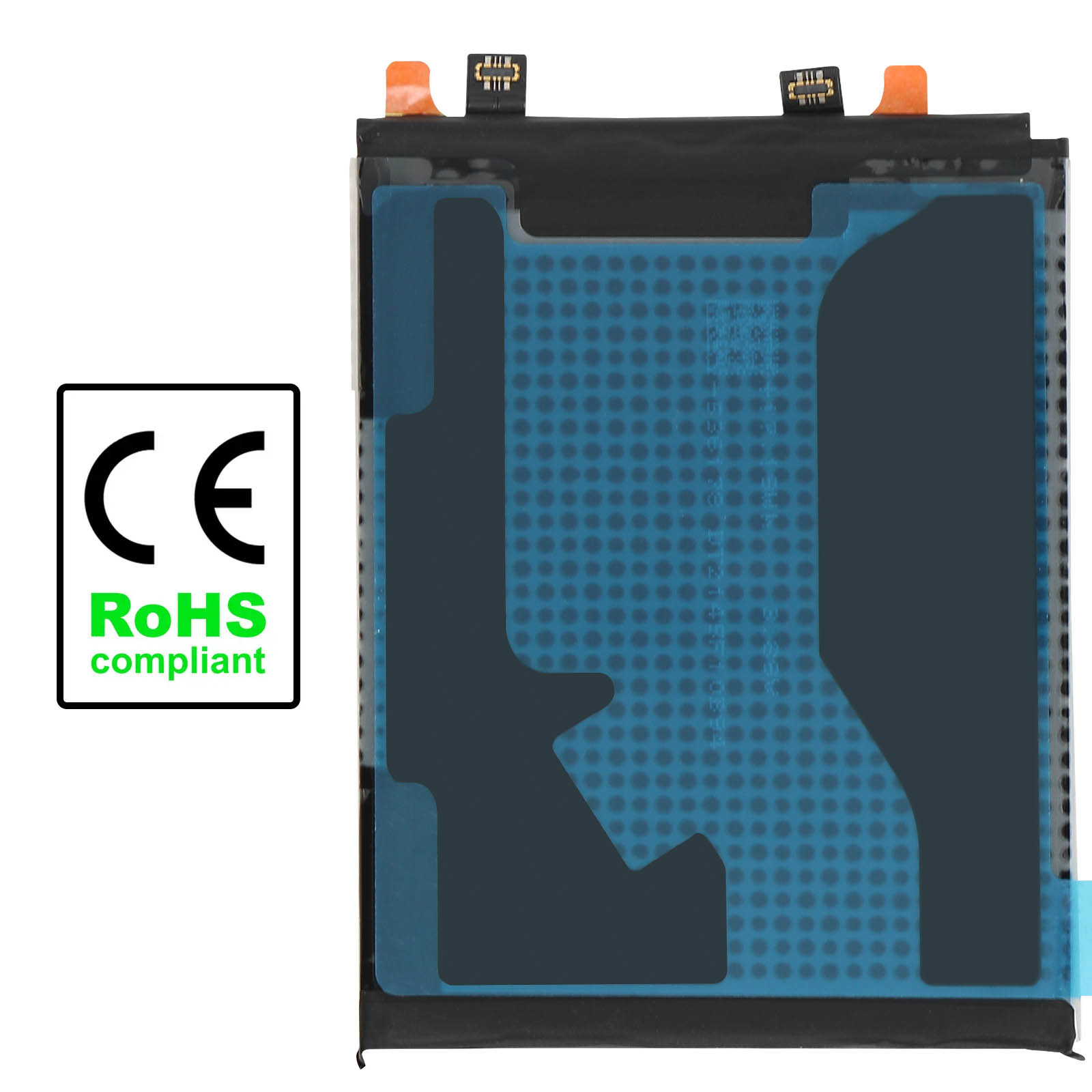 Un pacco batteria con un'etichetta conforme a CE e RoHS. La batteria è rettangolare e ha del nastro blu.