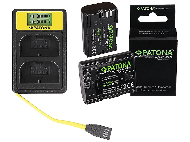 PATONA 2x Premium LP-E6N Li-Ion für Ersatzakku, Volt, Akku 2040mAh  + Ladegrät 7.2
