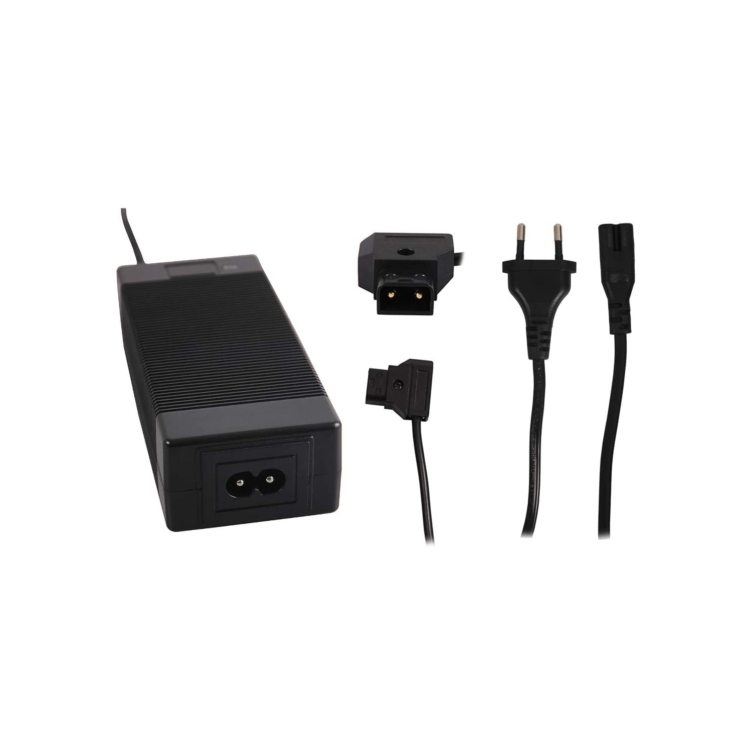 Schwarzes Netzteil mit mehreren Anschlüssen, einschließlich Netzstecker und verschiedenen Adapterköpfen.