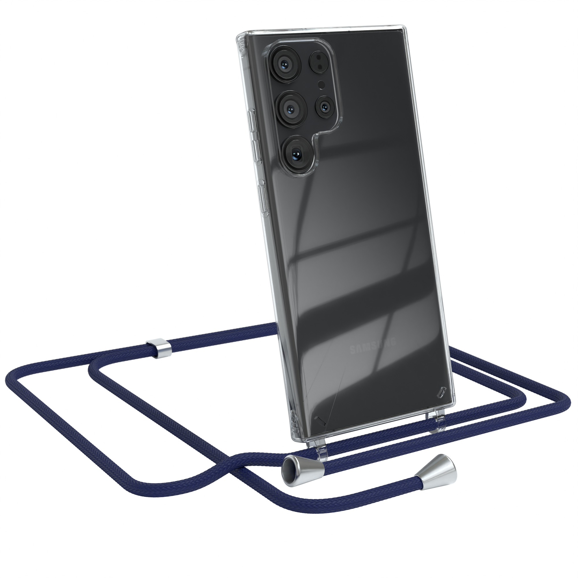 Transparente Handyhülle mit Telefon, dunkelblauem Umhängeband und silbernen Aufsätzen. 3 Kameras.