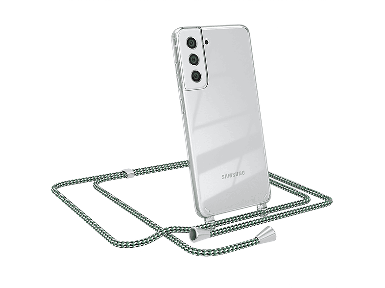 EAZY CASE Clear Cover mit Umhängeband, Umhängetasche, Samsung, Galaxy S21 FE 5G, Grün Weiß