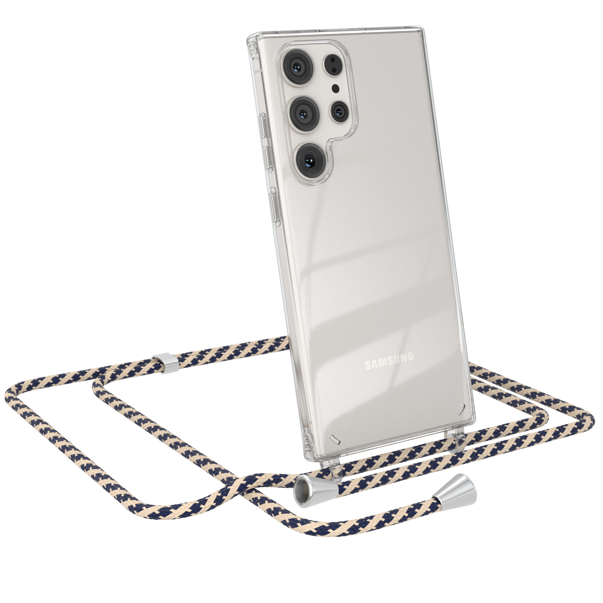 Transparente Handyhülle mit angebrachtem Schlüsselband. Das Telefon lehnt sich nach rechts.