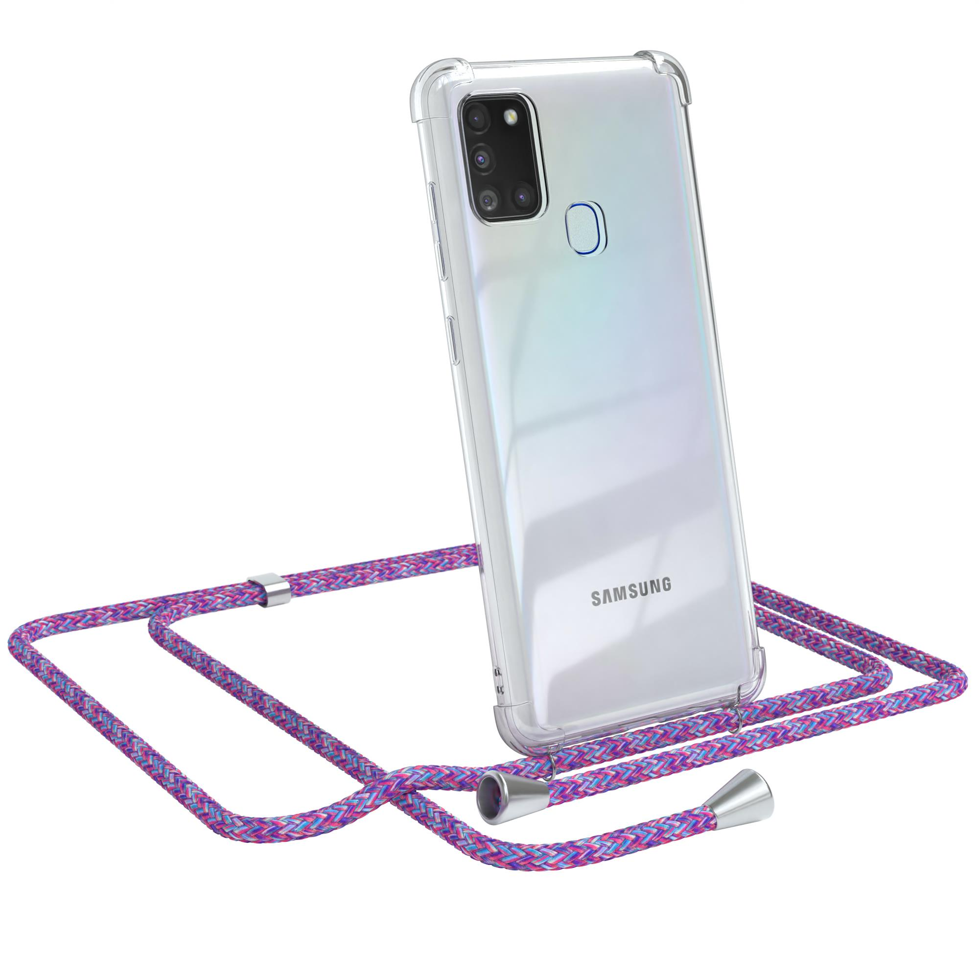 Eine transparente Handyhülle mit Telefon und Lanyard. Der Hintergrund ist weiß.