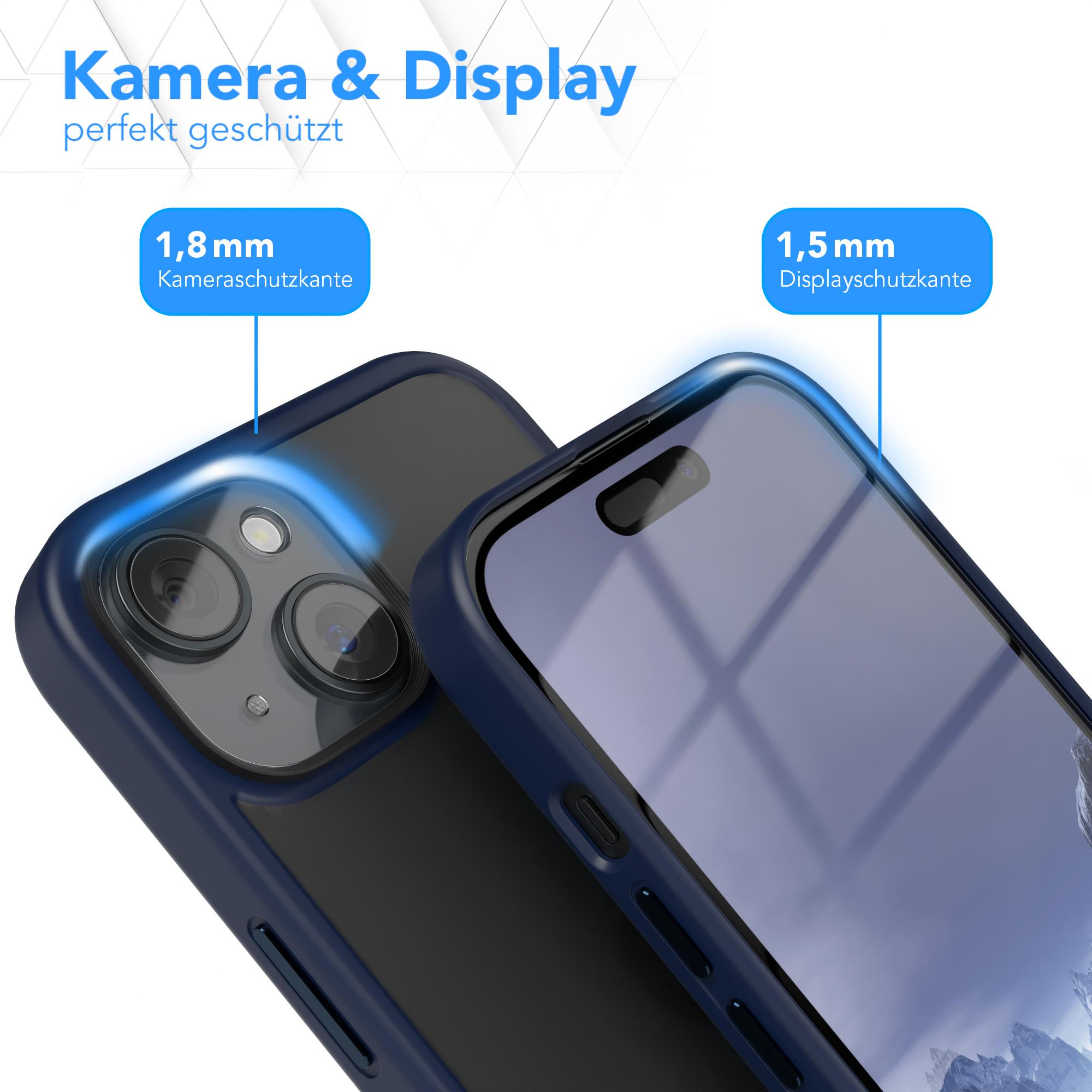 Nahaufnahme einer Handyhülle über einem Telefon, mit Text über Kamera- und Displayschutz.