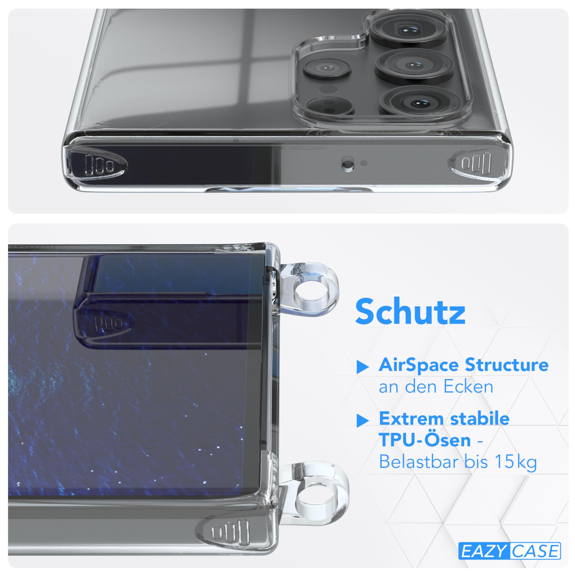 Transparente Handyhülle mit dem Text 'Schutz'. Die Hülle ist mit einem Telefon und Nahaufnahme abgebildet.